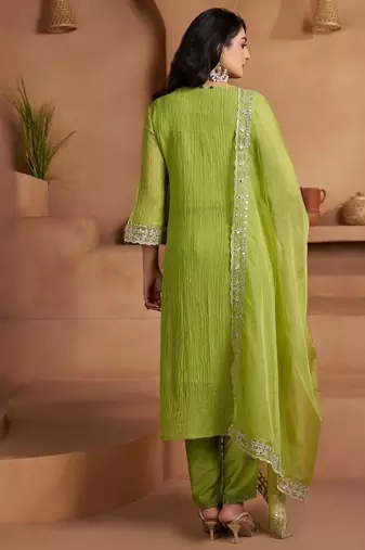 green ethnic motifs embroidered regular zari work kurta with trousers & with dupatta