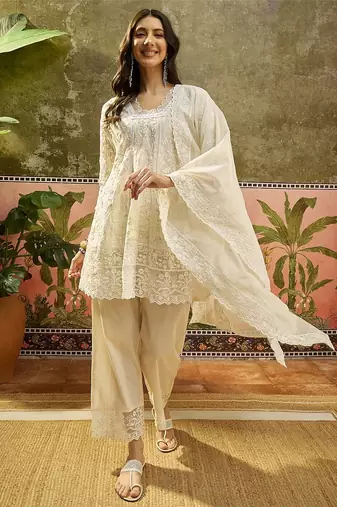 white embroidered  cotton square neck short anarkali & palazzos with dupatta