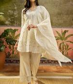 white embroidered  cotton square neck short anarkali & palazzos with dupatta