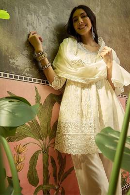 white embroidered  cotton square neck short anarkali & palazzos with dupatta 2