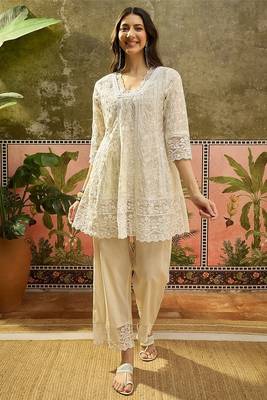white embroidered  cotton square neck short anarkali & palazzos with dupatta 3