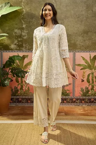 white embroidered  cotton square neck short anarkali & palazzos with dupatta