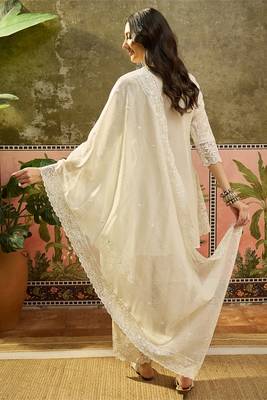 white embroidered  cotton square neck short anarkali & palazzos with dupatta 4