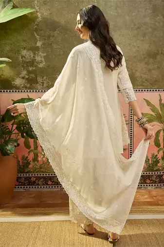white embroidered  cotton square neck short anarkali & palazzos with dupatta