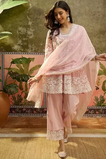 pink embroidered  cotton square neck short anarkali & palazzos with dupatta