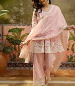 pink embroidered  cotton square neck short anarkali & palazzos with dupatta