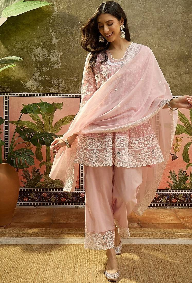 pink embroidered  cotton square neck short anarkali & palazzos with dupatta
