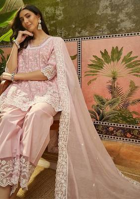 pink embroidered  cotton square neck short anarkali & palazzos with dupatta 2