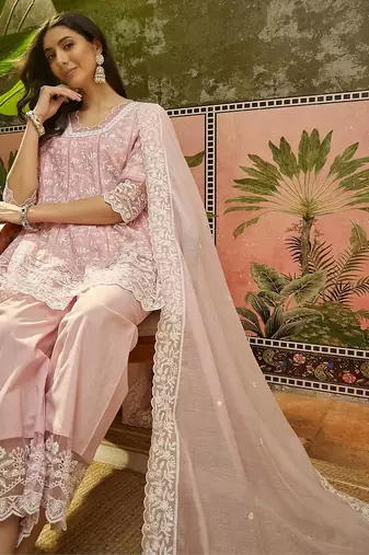 pink embroidered  cotton square neck short anarkali & palazzos with dupatta