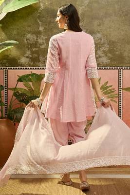 pink embroidered  cotton square neck short anarkali & palazzos with dupatta 3