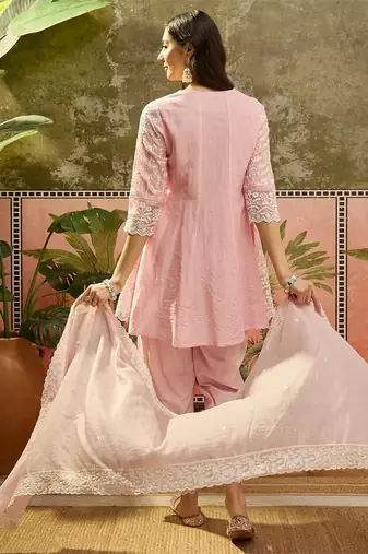 pink embroidered  cotton square neck short anarkali & palazzos with dupatta