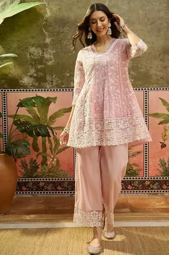pink embroidered  cotton square neck short anarkali & palazzos with dupatta
