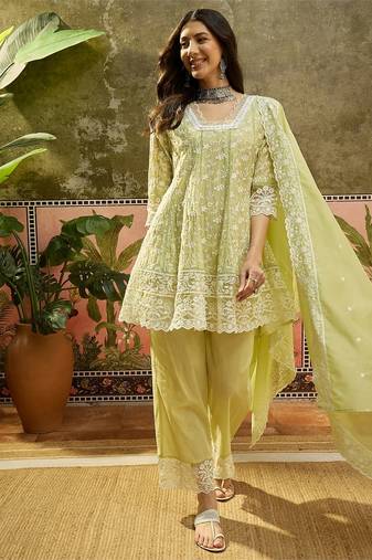 green embroidered  cotton square neck short anarkali & palazzos with dupatta
