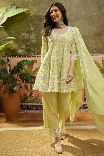 green embroidered  cotton square neck short anarkali & palazzos with dupatta