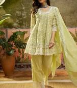green embroidered  cotton square neck short anarkali & palazzos with dupatta