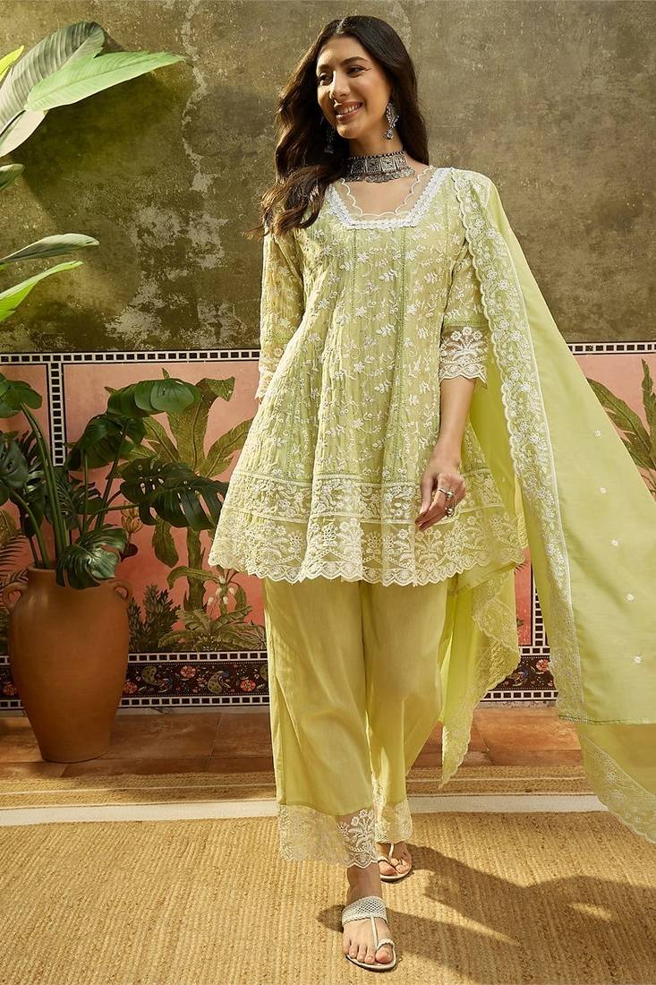 green embroidered  cotton square neck short anarkali & palazzos with dupatta