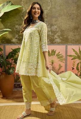 green embroidered  cotton square neck short anarkali & palazzos with dupatta 2