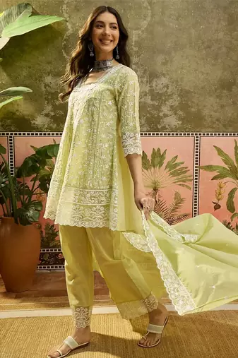 green embroidered  cotton square neck short anarkali & palazzos with dupatta