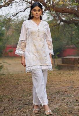 white embroidered  cotton v-neck kurti & salwar 1