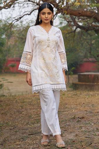white embroidered  cotton v-neck kurti & salwar