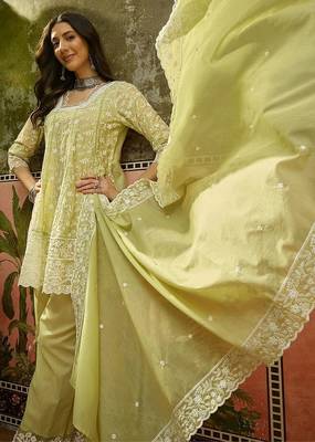 green embroidered  cotton square neck short anarkali & palazzos with dupatta 3