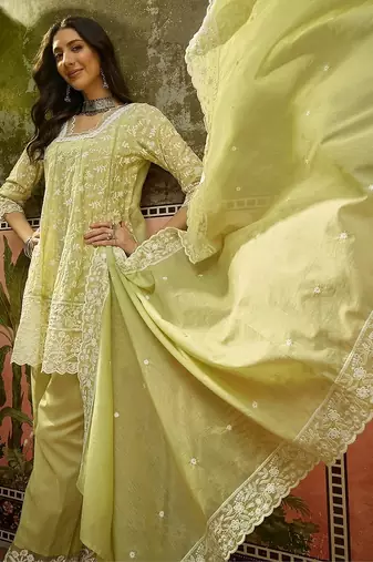 green embroidered  cotton square neck short anarkali & palazzos with dupatta
