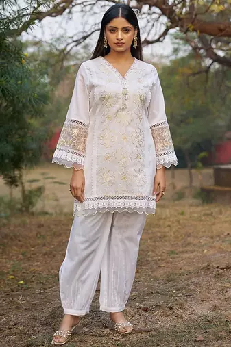 white embroidered  cotton v-neck kurti & salwar