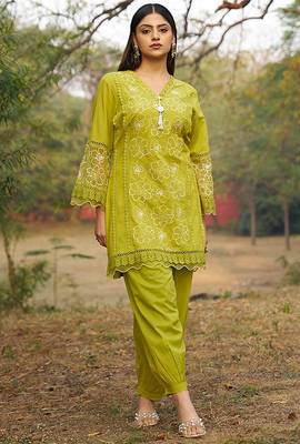 green embroidered  cotton v-neck kurti & salwar 1