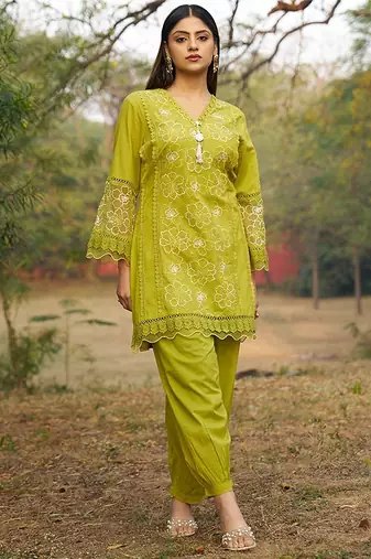 green embroidered  cotton v-neck kurti & salwar