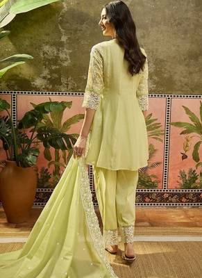 green embroidered  cotton square neck short anarkali & palazzos with dupatta 4