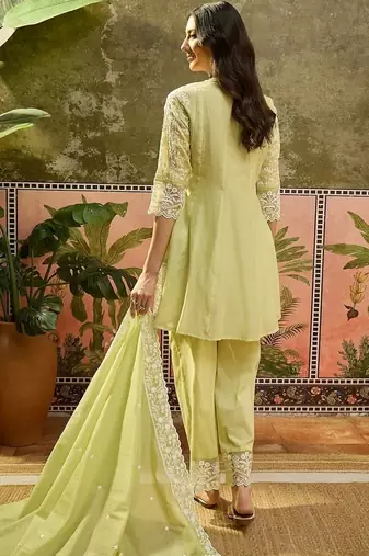 green embroidered  cotton square neck short anarkali & palazzos with dupatta