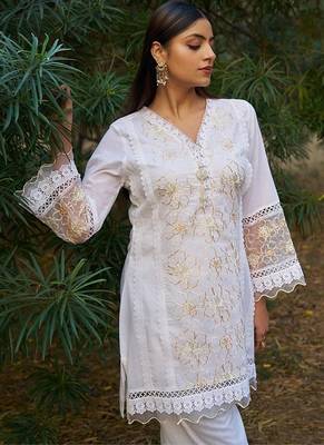 white embroidered  cotton v-neck kurti & salwar 3