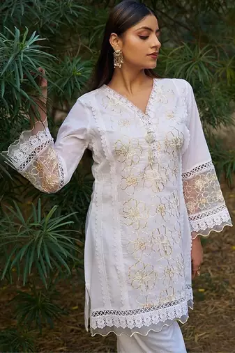 white embroidered  cotton v-neck kurti & salwar
