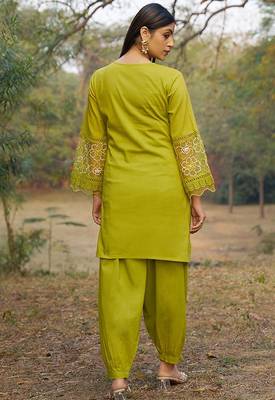 green embroidered  cotton v-neck kurti & salwar 2