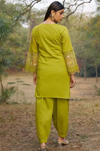 green embroidered  cotton v-neck kurti & salwar