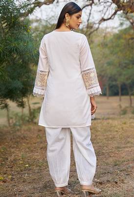 white embroidered  cotton v-neck kurti & salwar 4