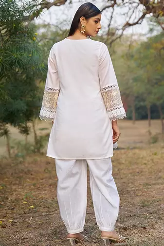 white embroidered  cotton v-neck kurti & salwar
