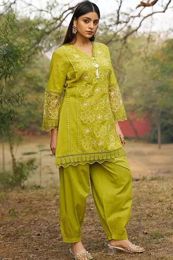 green embroidered  cotton v-neck kurti & salwar