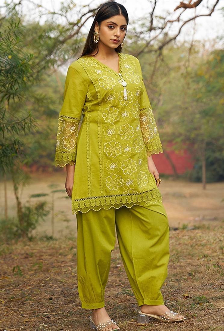 green embroidered  cotton v-neck kurti & salwar