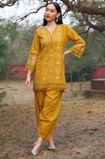 mustard embroidered  cotton v-neck kurti & salwar