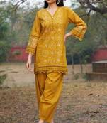 mustard embroidered  cotton v-neck kurti & salwar