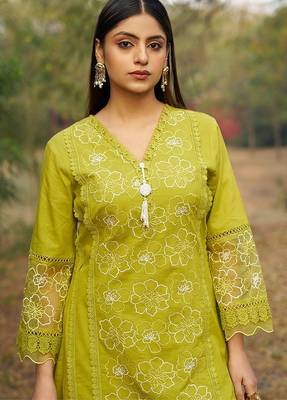 green embroidered  cotton v-neck kurti & salwar 4