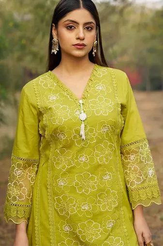 green embroidered  cotton v-neck kurti & salwar