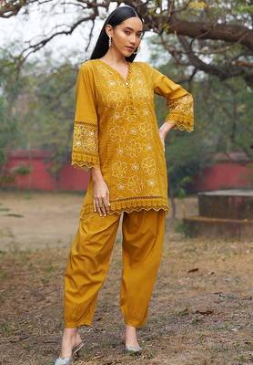 mustard embroidered  cotton v-neck kurti & salwar 2