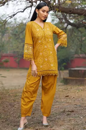 mustard embroidered  cotton v-neck kurti & salwar