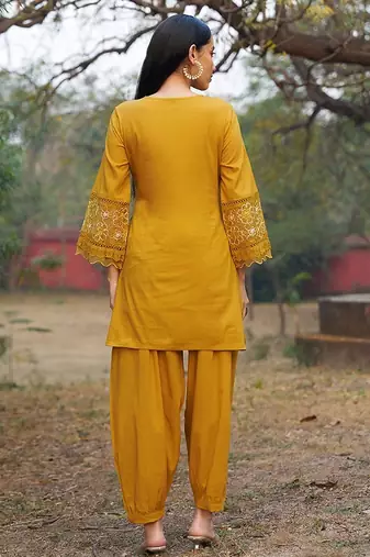mustard embroidered  cotton v-neck kurti & salwar