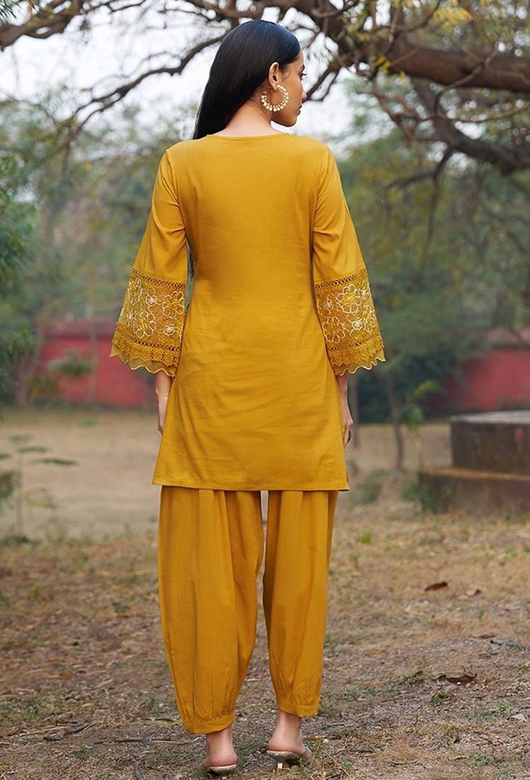 mustard embroidered  cotton v-neck kurti & salwar