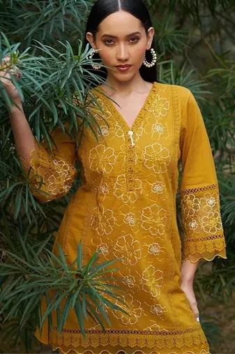 mustard embroidered  cotton v-neck kurti & salwar