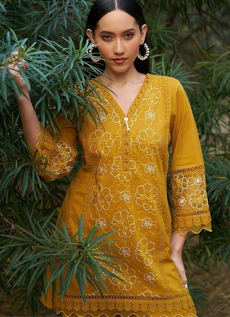 mustard embroidered  cotton v-neck kurti & salwar