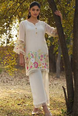 cream embroidered  cotton round neck kurti & trousers 1
